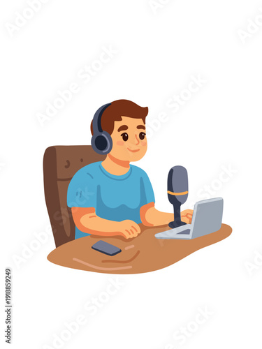young broadcaster talking into professional microphone vector clipart