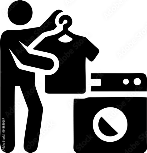 Person with laundry basket and washing machine icon simple pictogram for domestic chores and household tasks clean vector graphic