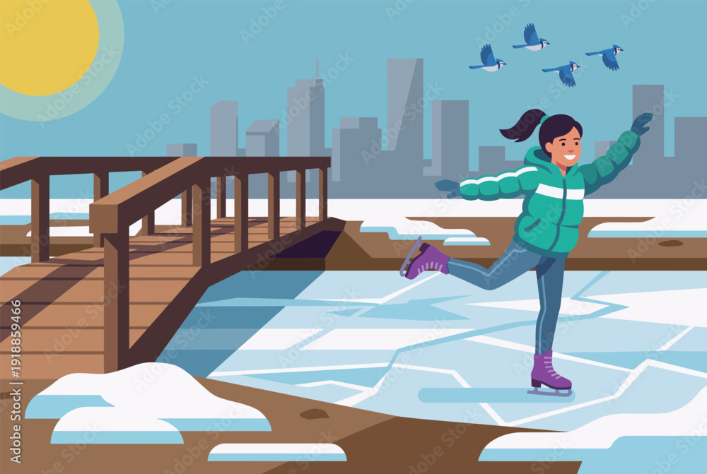 Obraz premium A cheerful girl enjoys ice skating on frozen water, surrounded by a serene cityscape. The scene captures the joy of winter sports and the beauty of the snowy landscape.