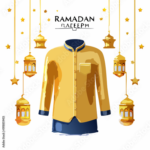 Traditional yellow kurta for Ramadan celebration with lanterns and stars.