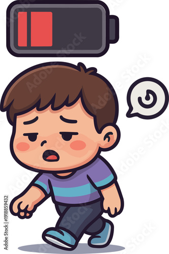 This cartoonish boy with a weary expression represents exhaustion, depicted with a low battery icon, great for illustrating the need for rest or recharge in a fun, engaging way.