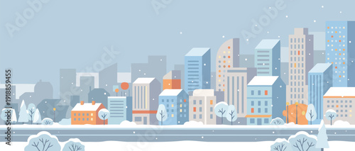 This serene winter cityscape image captures a peaceful ambiance with snow-covered buildings and trees, illustrating the beauty of winter and urban life in a minimalist art style.