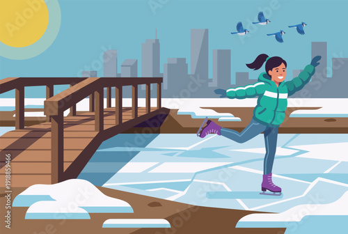 A cheerful girl enjoys ice skating on frozen water, surrounded by a serene cityscape. The scene captures the joy of winter sports and the beauty of the snowy landscape.