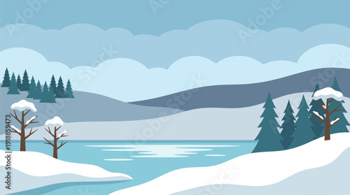 A tranquil winter landscape showcases rolling hills covered in snow, tall evergreen trees, and a crystal-clear lake, evoking peace and solitude amidst nature's beauty.