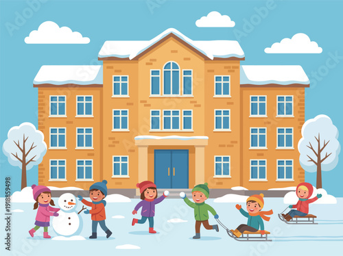 A delightful scene of children playing in the snow in front of a school, creating memories as they sled and build a snowman under a clear winter sky.
