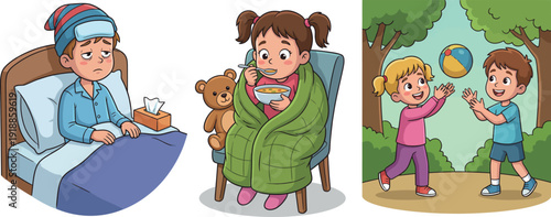 A sick child is resting in bed with a teddy bear nearby, conveying a sense of discomfort and the comforting presence of a cherished toy during illness at home.