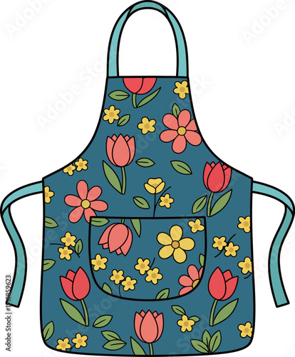 A beautiful floral apron featuring a vibrant pattern of tulips and assorted flowers, representing creativity and the joy of cooking or crafting in a cheerful environment.