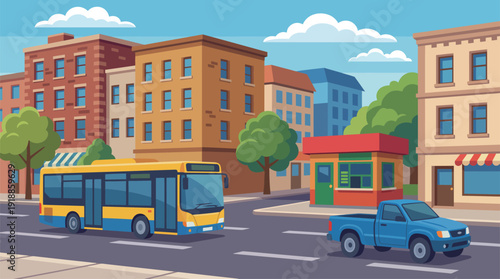 An animated city scene depicting a yellow bus and a blue pickup truck traveling on the road, capturing everyday urban life and the movement within a bustling environment.