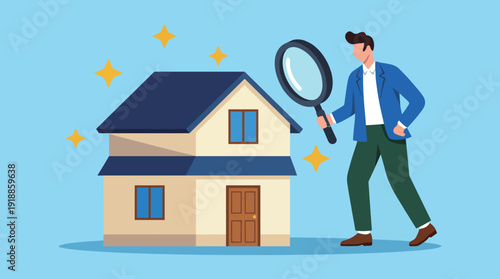 A professional man examines a house with a magnifying glass, highlighting the importance of scrutiny in home inspections and real estate assessments for buyers.