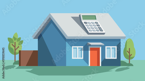 A unique image of a blue house featuring a calculator on the roof, symbolizing financial planning and home budgeting in a creative and engaging manner.