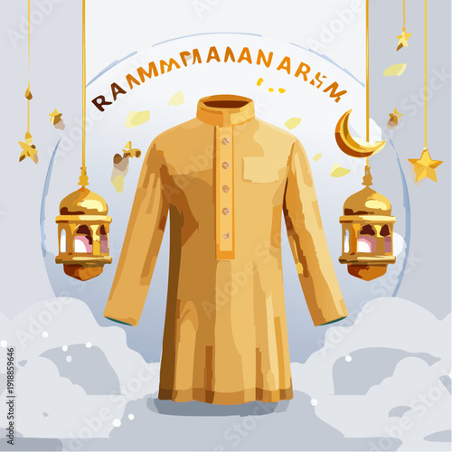 Traditional Indian Kurta with Lanterns and Ramadan Greeting.