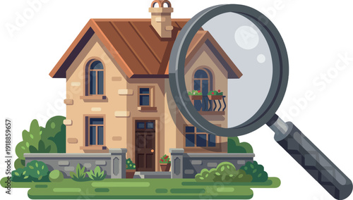 A lovely brick house is depicted under the scrutiny of a magnifying glass, emphasizing the beauty of architecture and the value of careful inspection in homeownership.