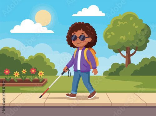 A happy child navigates through a colorful park with a white cane, showcasing independence and confidence while enjoying a sunny day outdoors amid vibrant scenery.