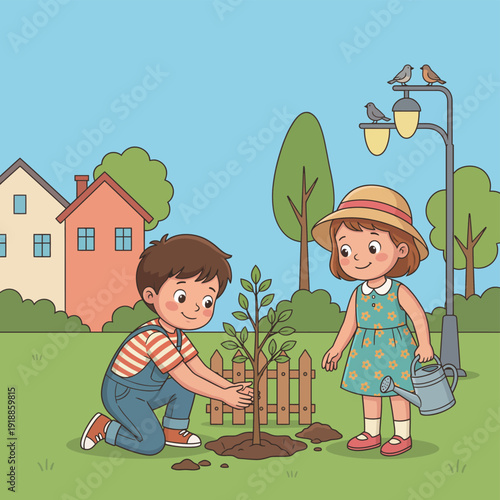 Two cheerful children are working together to plant a young tree in a sunny park setting, showcasing teamwork and a connection with nature in a bright atmosphere.
