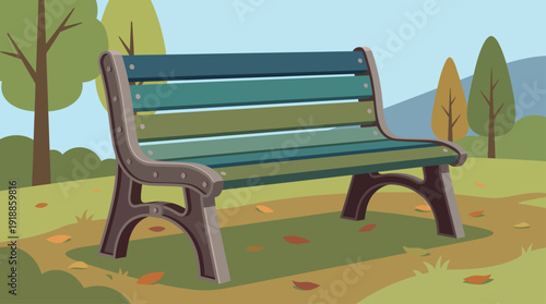 A tranquil park bench sits alone in a peaceful outdoor setting, inviting visitors to take a moment to relax and enjoy the natural beauty of the surroundings.