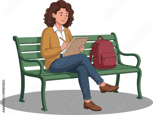 A young woman relaxes on a bench, sketching in a notebook while enjoying her outdoor surroundings, illustrating creativity and a love for art amidst nature.