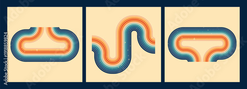 Collection with 3 square designs. Groovy rainbow stripes in orange and blue color.