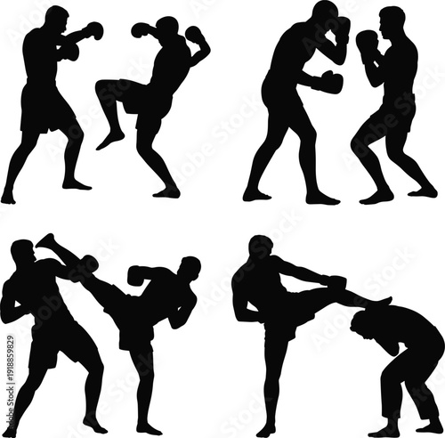 Black silhouettes of men practicing kickboxing and boxing on white background martial arts