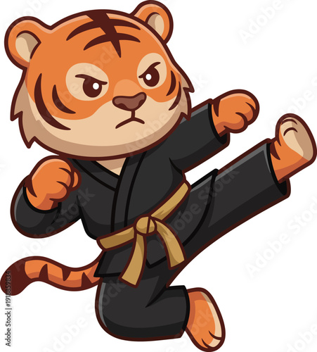 A fierce tiger character dressed in a black karate gi, showcasing a powerful kick in mid-air. This image combines martial arts and animal themes for a dynamic visual.