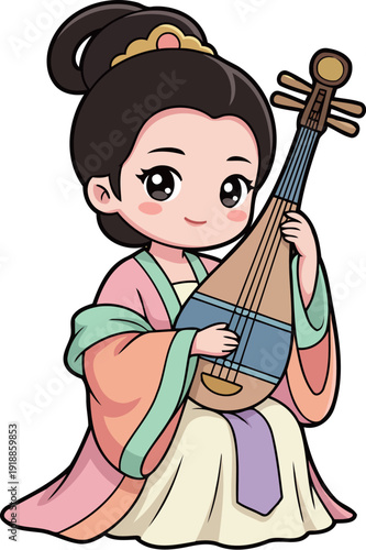 A cute girl wearing traditional attire gracefully playing a lute. Her serene expression and vibrant outfit reflect the rich cultural heritage of music and art.
