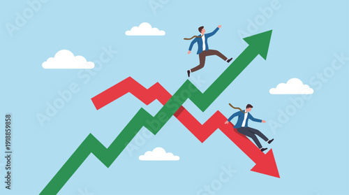 An illustration depicting two business professionals climbing upward on a growth trend line while descending on a decline, representing market dynamics and competition.
