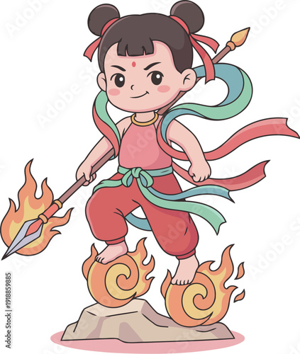 An animated child dressed as a warrior with a spear, portraying bravery and strength while standing on fiery rocks, a dynamic representation of courage and adventure.