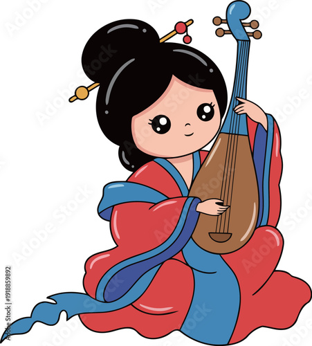 A charming illustration of a young girl dressed in traditional attire, delightfully playing a stringed instrument, evoking joy and cultural appreciation through music.