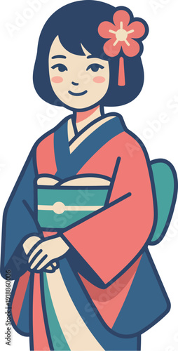 A cheerful girl dressed in a colorful kimono with a flower accessory, embodying traditional Japanese culture and elegance. The image captures cultural beauty and charm.