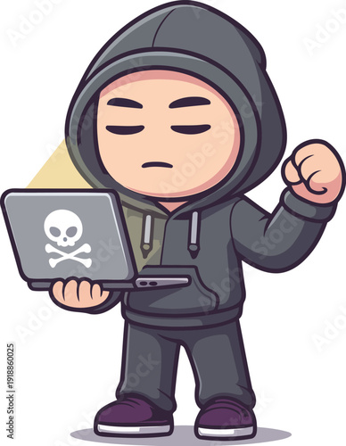 A cartoonish hacker in a hoodie holding a laptop, symbolizing modern cybersecurity threats. The character represents caution in the digital age and online vulnerabilities.