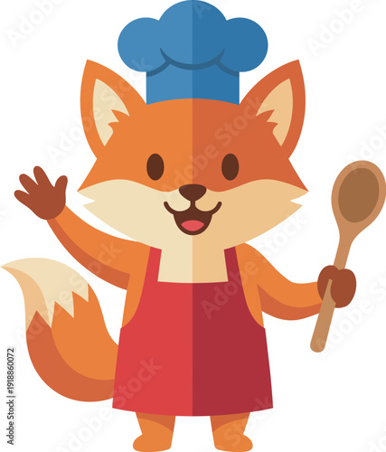 This charismatic cartoon fox chef character, holding a spoon and dressed in a chef's outfit, conveys warmth and friendliness with a fun design, appealing to food lovers everywhere.