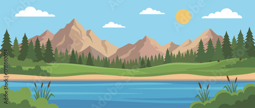 A picturesque landscape featuring majestic mountains, a serene river, and lush green forests, capturing the essence of nature's beauty and tranquility under a bright sun.