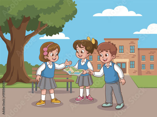 A joyful scene of three children discussing and exploring a map in a schoolyard, emphasizing friendship, teamwork, and adventure as they share their ideas together.