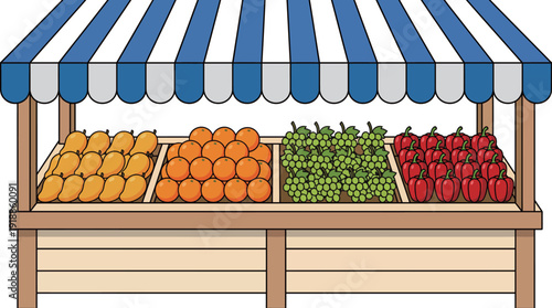 A charming fruit stand laden with vibrant seasonal fruits like oranges, grapes, and peppers, inviting customers to enjoy the freshness, variety, and health benefits of natural produce.