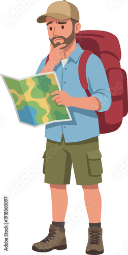 A backpacker pausing thoughtfully while examining a detailed map, surrounded by nature, representing the spirit of exploration and the journey ahead in the great outdoors.