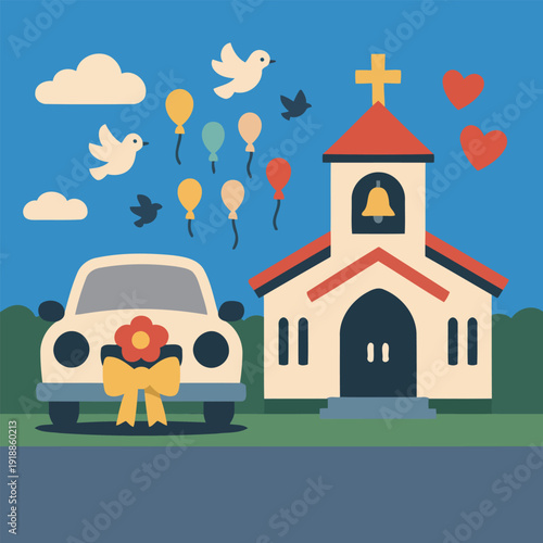 This vibrant wedding illustration captures a romantic scene with a decorated car in front of a church, accompanied by balloons and doves, evoking love and celebration.