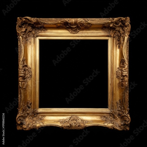 A vintage ornate golden picture frame isolated on a dark background, perfect for displaying artwork or photos, enhancing interior design projects