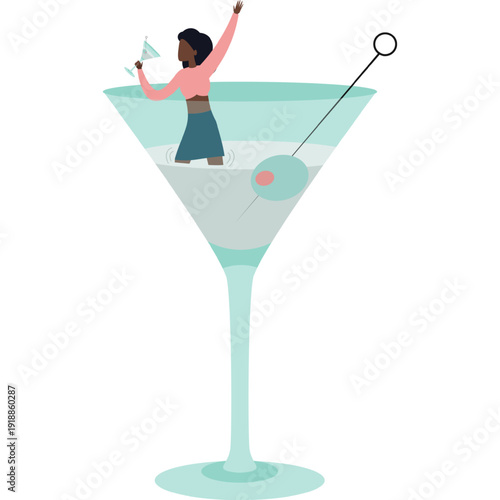 Parting woman in huge cocktail glass vector icon isolated on white