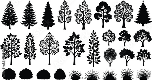 tree silhouette vector set, black botanical forest collection, nature landscape elements, isolated plant clipart, decorative woodland illustration bundle
