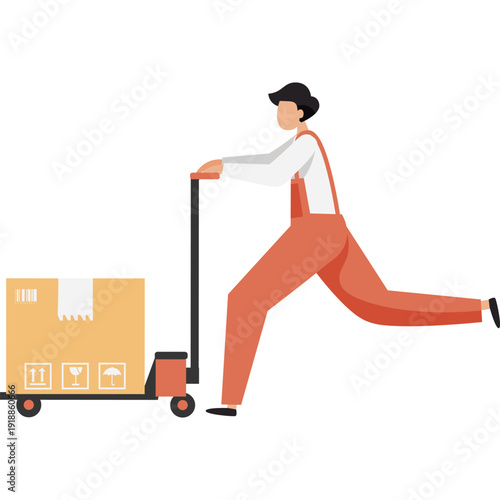 Man courier pushing trolley cart with cardboard boxes vector icon isolated on white