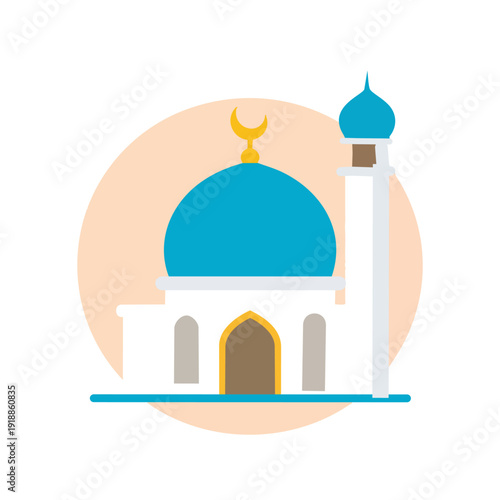 Geometric Mosque Illustration: A simplified illustration of a mosque with a distinctive blue dome and minaret.