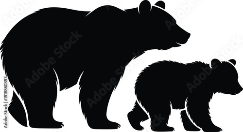 Black silhouette of mother bear and cub walking side by side