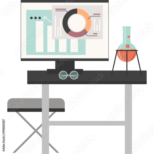 Scientist office with computer, chemical flask on worktable vector icon isolated on white