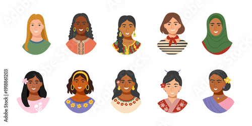 Set of female avatars with different skin tone and clothes isolated on white. Concept of equality, cultural diversity, friendship, inclusion. Vector flat cliparts.