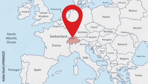Switzerland on the Europe map with pin location marker3. Vector flat template.