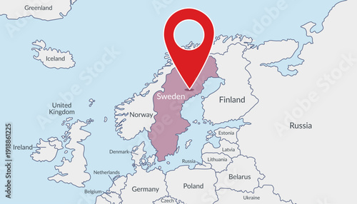 Sweden on the Europe map with pin location marker3. Vector flat template.