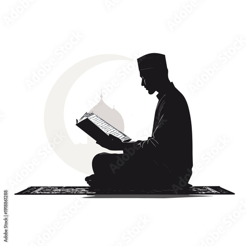 A Silhouette of Devotion: An image of a devout man, illuminated by a crescent moon, immersed in prayer, holding a sacred text. This illustration captures a moment of spiritual reflection, reverence.