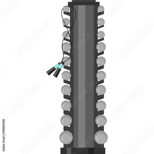 Rack with dumbbells and skipping rope sport equipment vector icon isolated on white