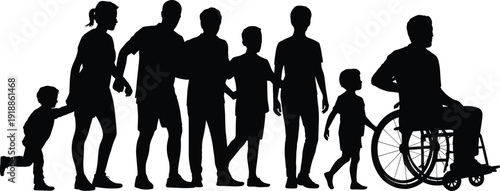 Black silhouettes of people of different ages and abilities diverse group children