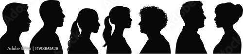 Black silhouettes of seven people facing right white background profile
