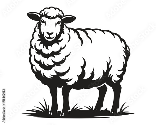 Illustrated sheep standing on grass with thick woolly coat and calm expression